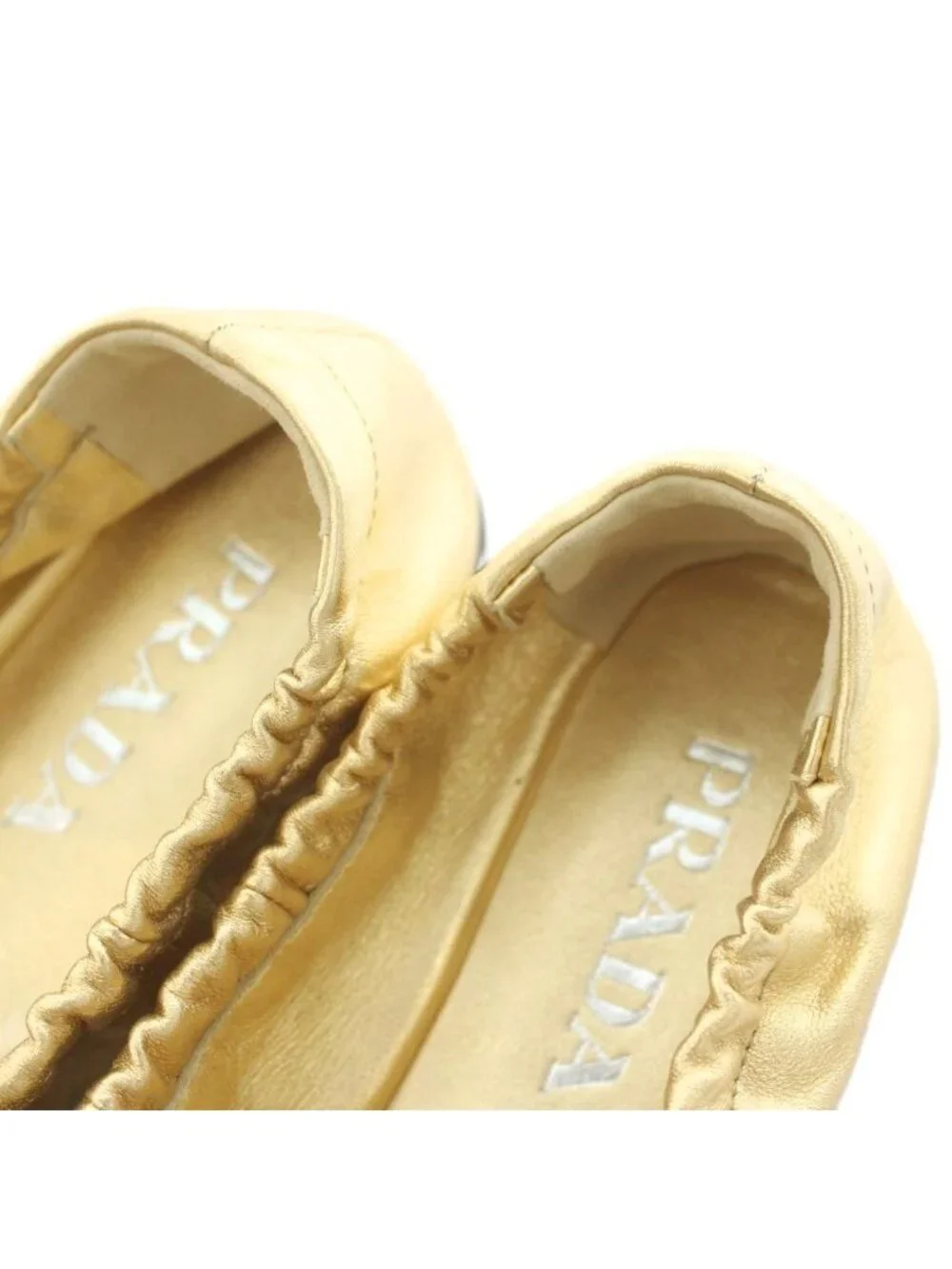 Prada Mordre Leather Flat Shoes Ballet Ribbon Round Toe Gold Color Black BB